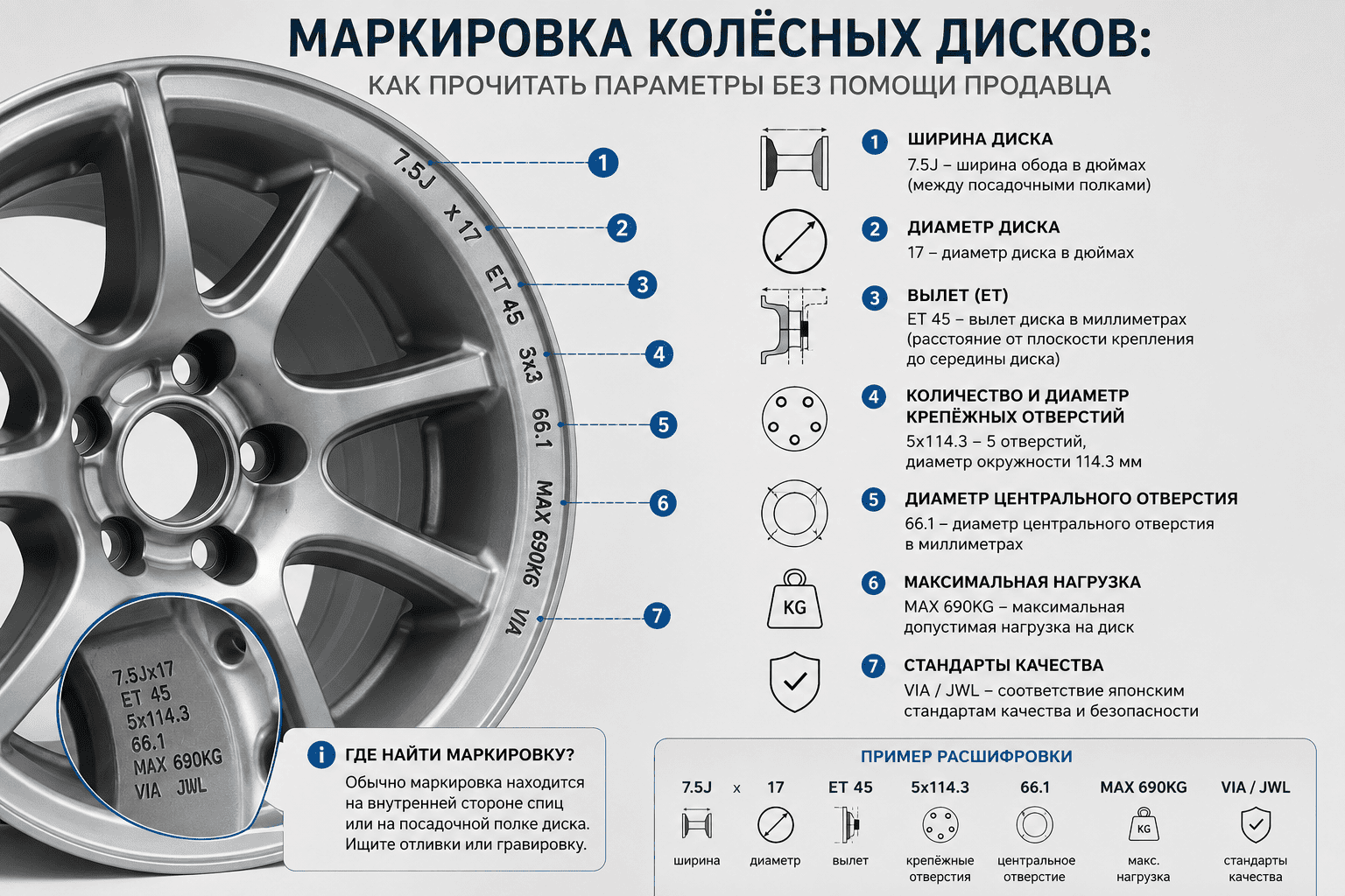 Маркировка колёсных дисков: как прочитать параметры без помощи продавца
